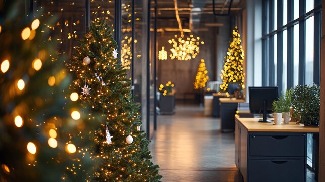 Christmas trees decorating modern office during holiday season - Powered by Adobe