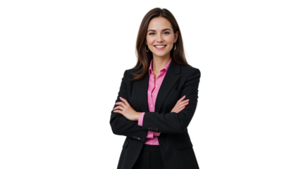 Portrait of a confident and beautiful female manager, with a professional and approachable demeanor. She stands with her arms crossed, intelligence and engaging smile