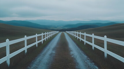 Scenic country road, green hills, white fence, cloudy sky; travel, nature