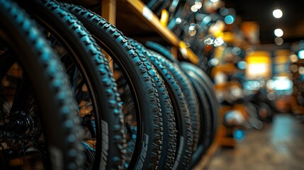 Fototapeta premium Bike tires displayed on shelf inside bike shop, bikes blurred background, for sale