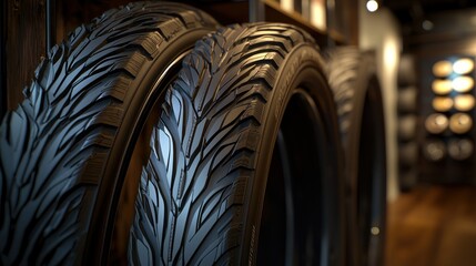Bike Tires on Display Black treads are arranged in a store with blurred details