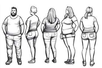 People sketch Casual group of people silhouettes Outline hand drawing illustration