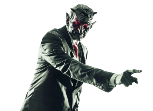 An evil demon in a suit pointing at you isolated on a transparent background.