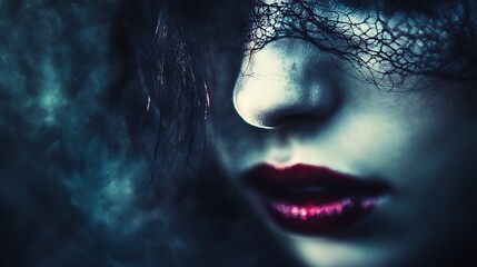 Mysterious Woman in Lace Veil: A Dark and Enigmatic Portrait