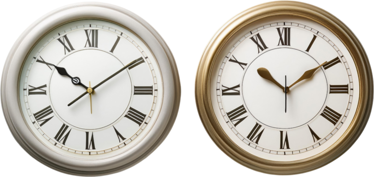 Two Antique Style Wall Clocks Showing Different Times White and Gold Frames Roman Numerals