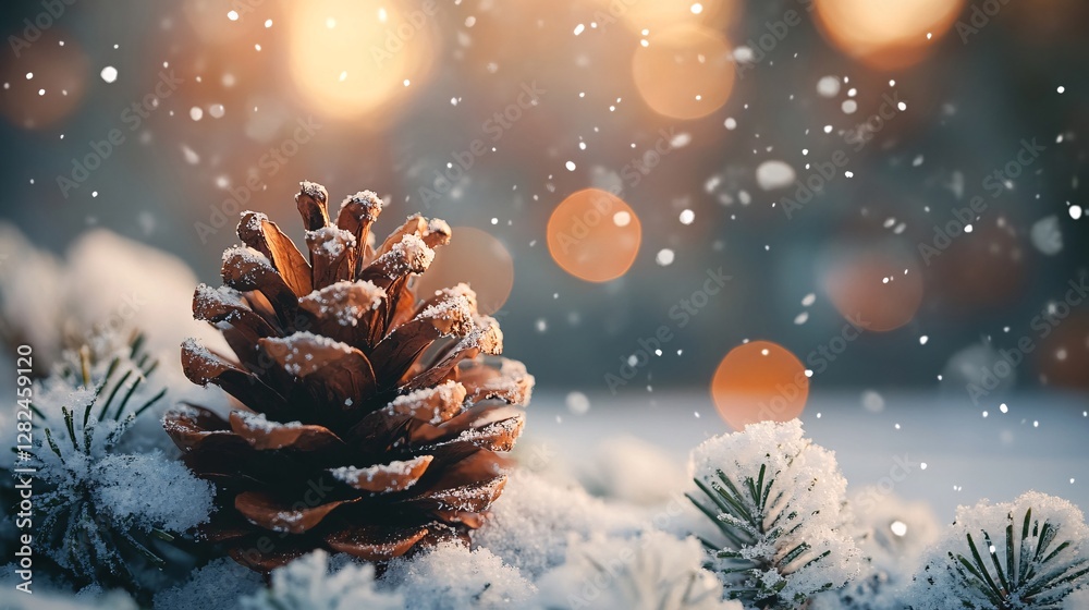 Poster pine cone resting on snowy ground during a winter snowfall