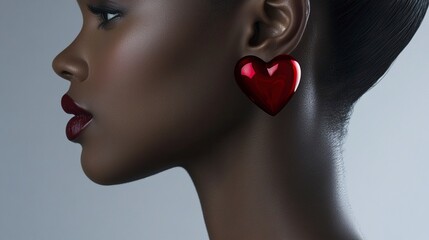 A close-up of the ear and neck, featuring an elegant woman wearing red heart-shaped earrings. The focus is on her profile against a gray background, highlighting the glossy texture of the earrings. 