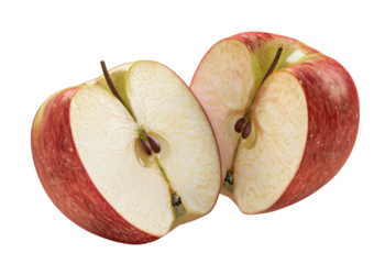 A cut apple on a transparent background in digital style with natural lighting.