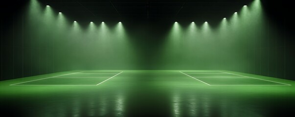 Empty indoor tennis courts illuminated by bright overhead spotlights