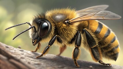 Honeybee in Close-Up: A meticulously detailed close-up of a honeybee, showcasing its intricate anatomy, fuzzy body, and the delicate patterns on its wings.