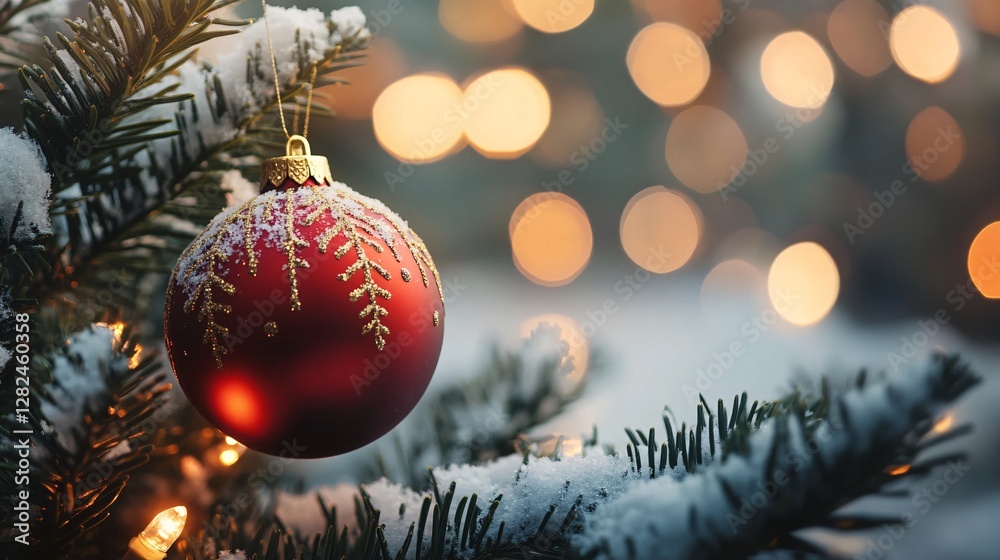 Poster red christmas ball hanging on snowy christmas tree with bokeh lights in background