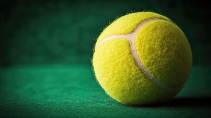 Tennis ball with precision lighting, sharp focus on felt texture, deep green background, sports theme.