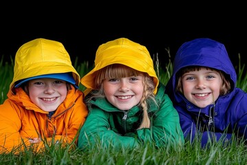 Portrait of cheerful kids lying together on grass at summer camp