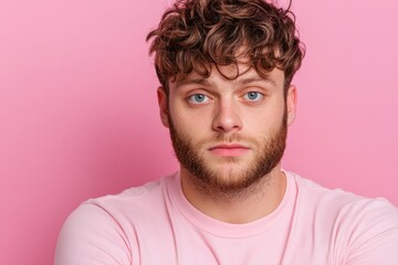 Obraz premium Portrait of handsome young man pink on background