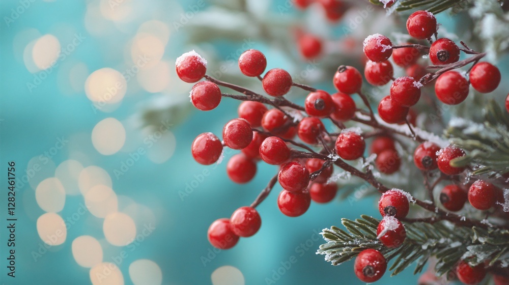 Aufkleber christmas red berries covered with snow in front of turquoise background with bokeh lights