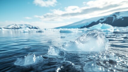 Obraz premium Melting ice sheet with rising water, arctic landscape, climate change impact. 