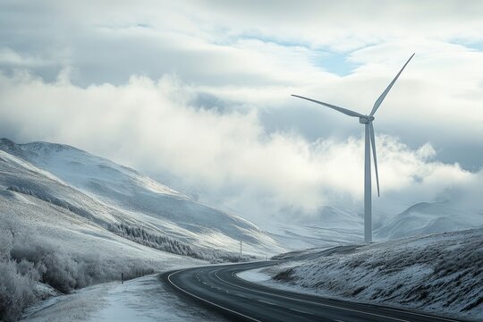 Wind turbine generating clean energy in snowy winter mountains near road