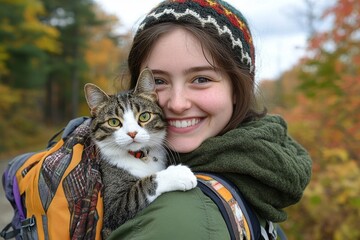 Portrait of smiling girl holding cat in forest