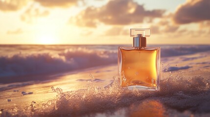 A bottle of perfume on the beach, with sea waves in the background, bathed in golden hour light, exuding a summer vibe. A photorealistic image.