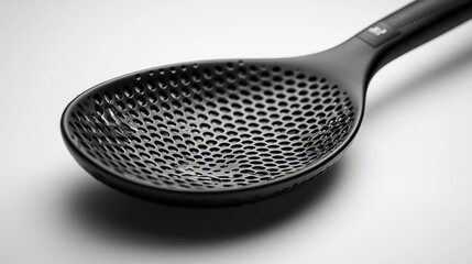 Black perforated spoon on white background for cooking and straining ingredients