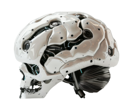 A brain with robotic parts, isolated against a transparent background, side view.