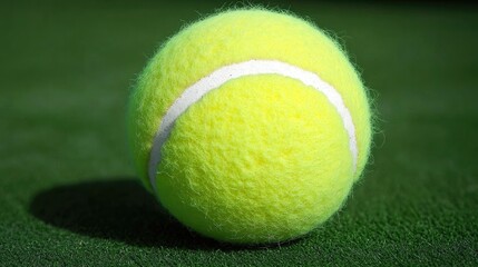 Ultra-clean tennis ball close-up, realistic fur texture and seams, placed on a dark green background.