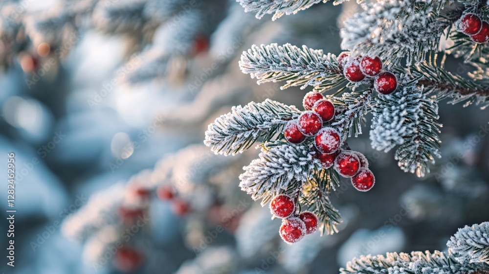 Poster red berries covered with frost growing on spruce tree branch in winter