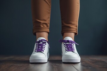 A close-up of white sneakers with purple accents, worn by an attractive woman in stylish brown trousers and a cropped shirt, on a wooden floor against a dark wall. The high-angle view focuses