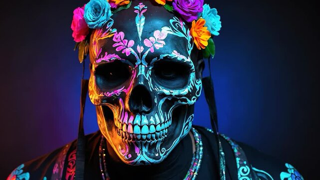 Vibrant Calavera Skull, D,a de los Muertos Celebration with Neon Flowers and Details