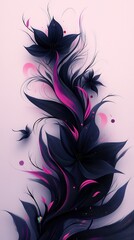Stylized digital floral illustration featuring dark flowers with magenta accents against a gradient pink background
