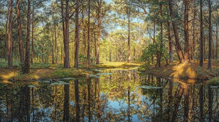 Fototapeta premium Tranquil forest landscape with serene pond reflecting sunlight through trees and foliage in tranquil natural setting