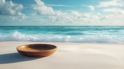 Wooden bowl placed on sandy beach with blue sky and ocean in background during sunny day