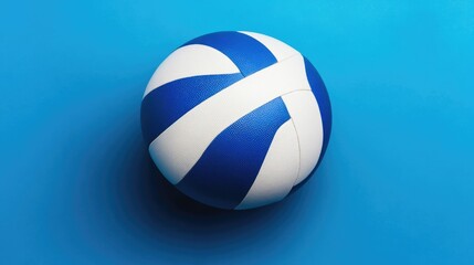 White and blue volleyball ball on a solid blue background, top view, clean and simple, sports concept, no people