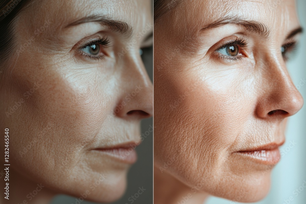 Poster split view of a woman showcasing the contrast between aging skin and youthful appearance. generative