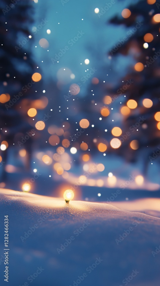 Poster snow falling on string lights illuminating winter wonderland at twilight