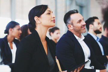 Business, group and listening at company conference, diversity and learning at corporate seminar....