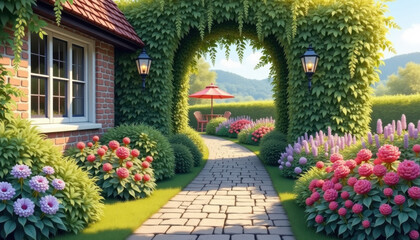 Obraz premium Lush watercolor garden archway and cottage, great for illustrating garden designs, creating greeting cards, travel brochures, and inspiring landscape art.
