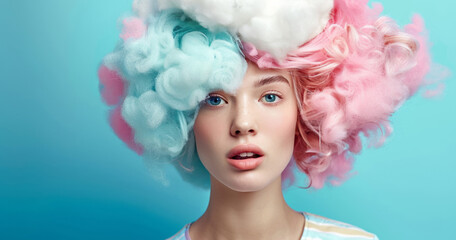 Naklejka premium A beautiful woman with hair shaped like clouds, with a white cloud on her head, looking at the camera, in pastel colors.