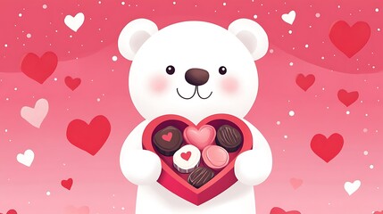 Obraz premium Adorable Polar Bear Holding Heart-Shaped Box of Valentine's Chocolates