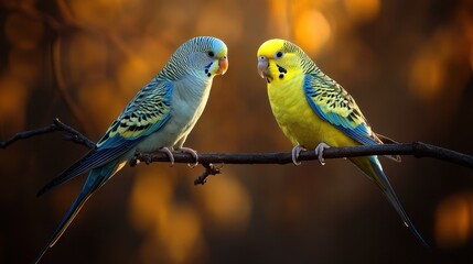 Obraz premium Two small birds perched on a tree branch in a natural setting