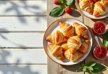 Croissants, berries, and jam on a rustic wooden table for outdoor breakfast blogs, recipe websites, and culinary design.