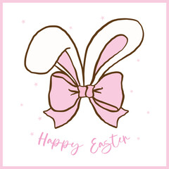 Pastel Coquette Happy Easter Bunny Ears with pink bow, Cute Cartoon Hand Drawn Greeting Card Illustration
