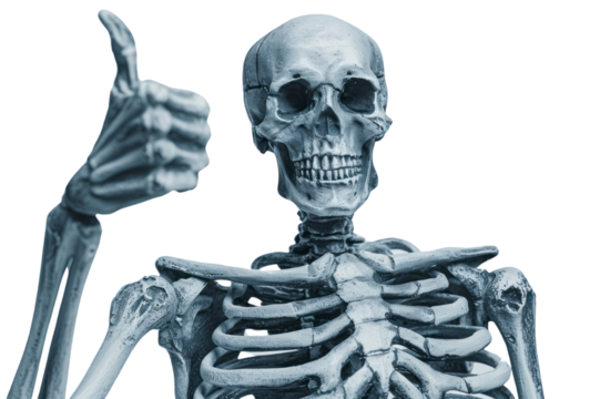 A skeleton giving a thumbs up gesture, isolated on a transparent background.