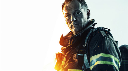 Naklejka premium A portrait of a firefighter in uniform on a white background.
