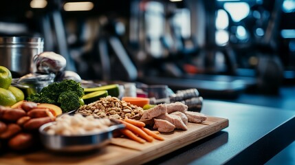 Protein-rich foods neatly arranged, symbolizing fitness and balanced nutrition for an active lifestyle.
