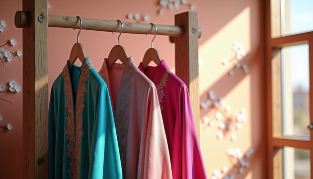 Vibrant teal and pink Eid dresses on a display rack, for use in fashion catalogs, e-commerce platforms, and promotional content for cultural heritage events.