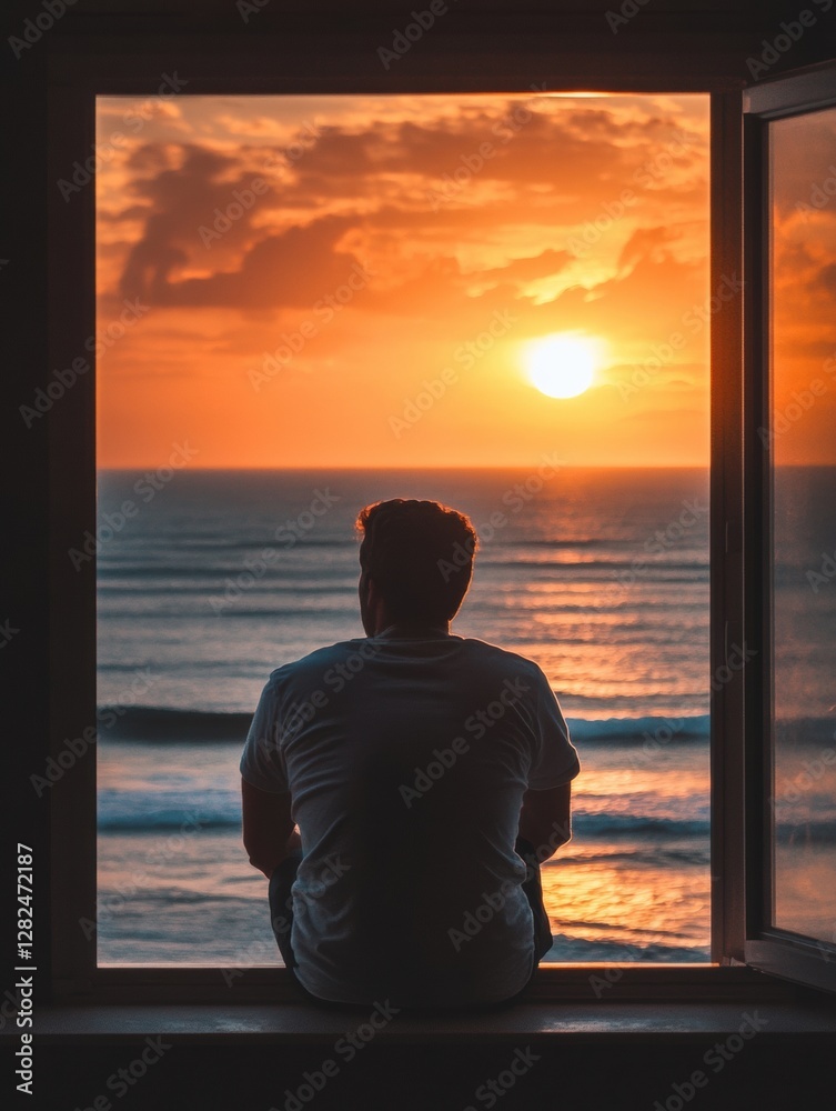 Poster Sunset view from window with a person sitting and enjoying the peaceful ocean landscape. Generative AI