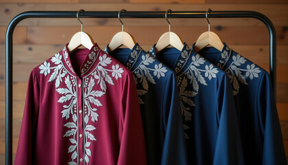 Embroidered maroon and blue Eid clothes on a rack, ideal for design projects, cultural event promotions, fashion blogs, and online retail platforms.