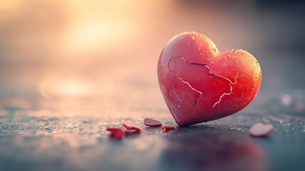 Fototapeta premium A broken heart with cracks, symbolizing the end of love and sadness, isolated on a pastel background. A red plastic toy in the shape of a red Valentine's Day heart lying on the floor with pieces. 