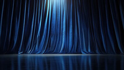 Dark blue theater stage curtains lit from above